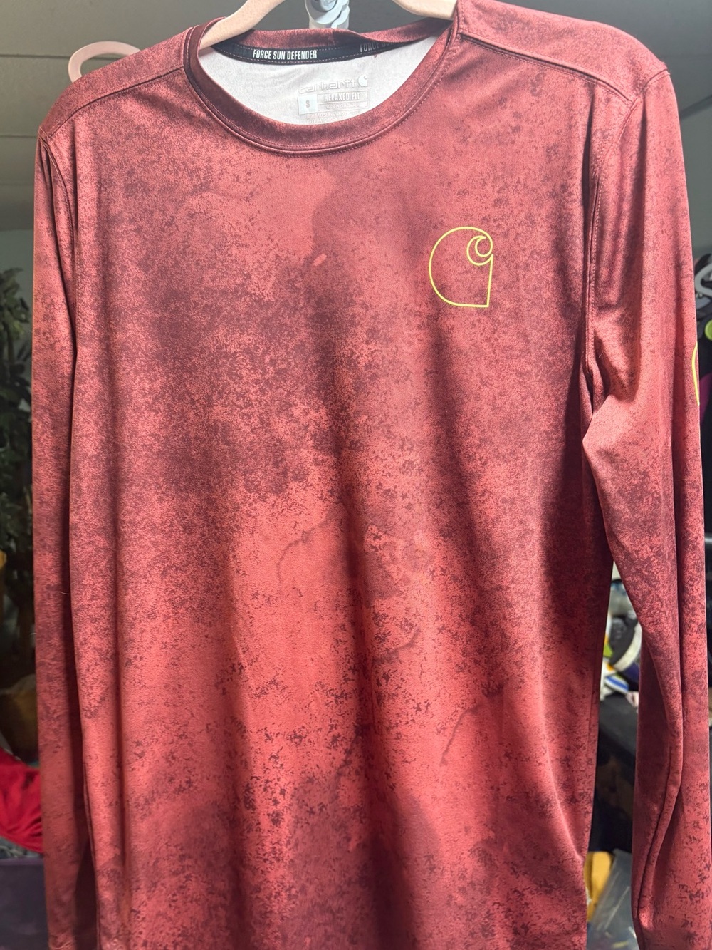 Carhartt Men's Long-Sleeve Performance Tee - Maroon with Yellow Logo